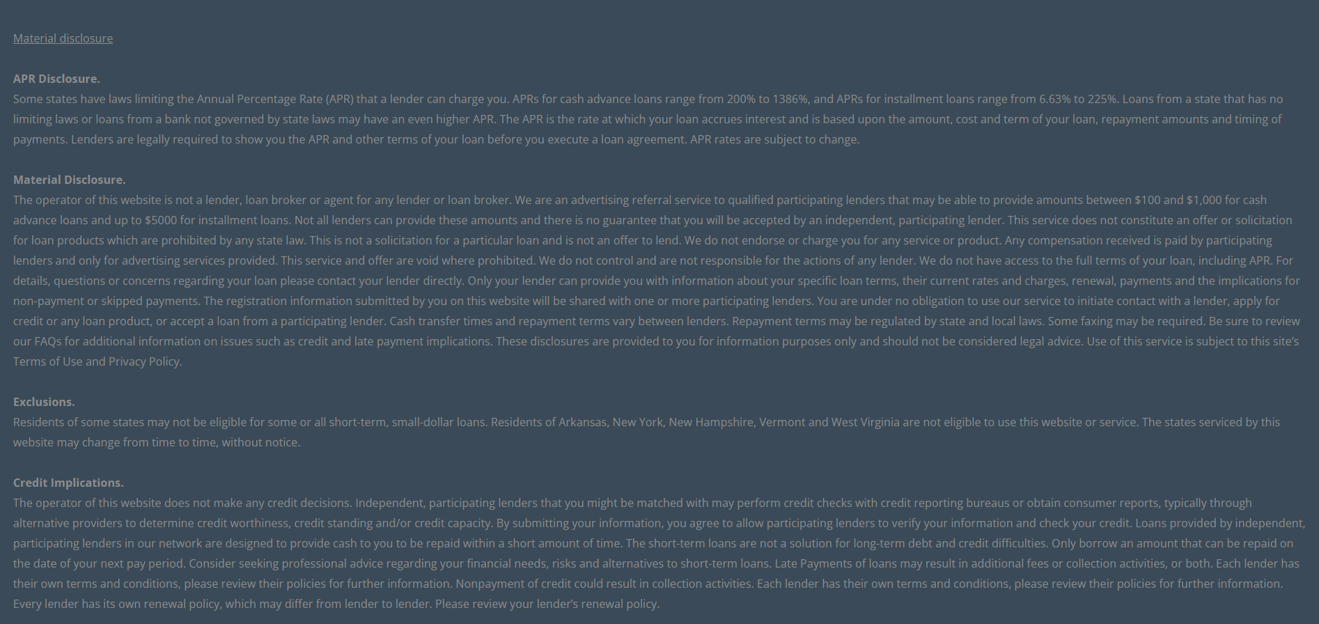 Material disclosure for payday loans in Colorado Springs Colorado